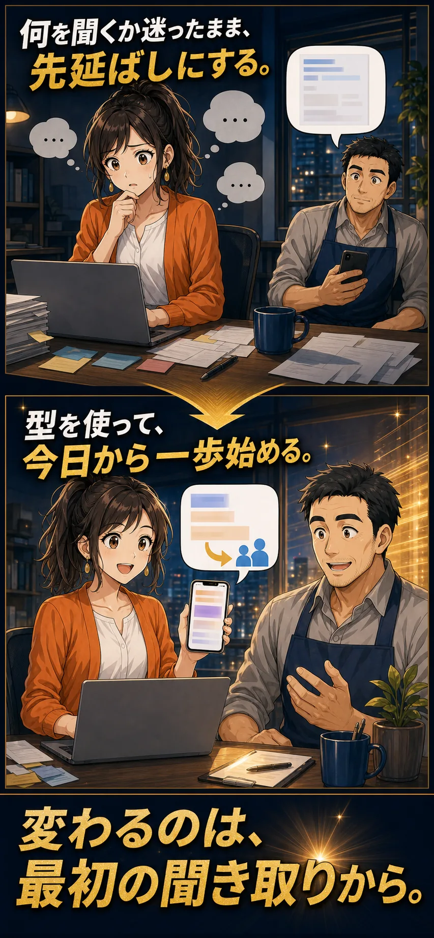 聞き取りで迷う状態と型で進める状態の比較